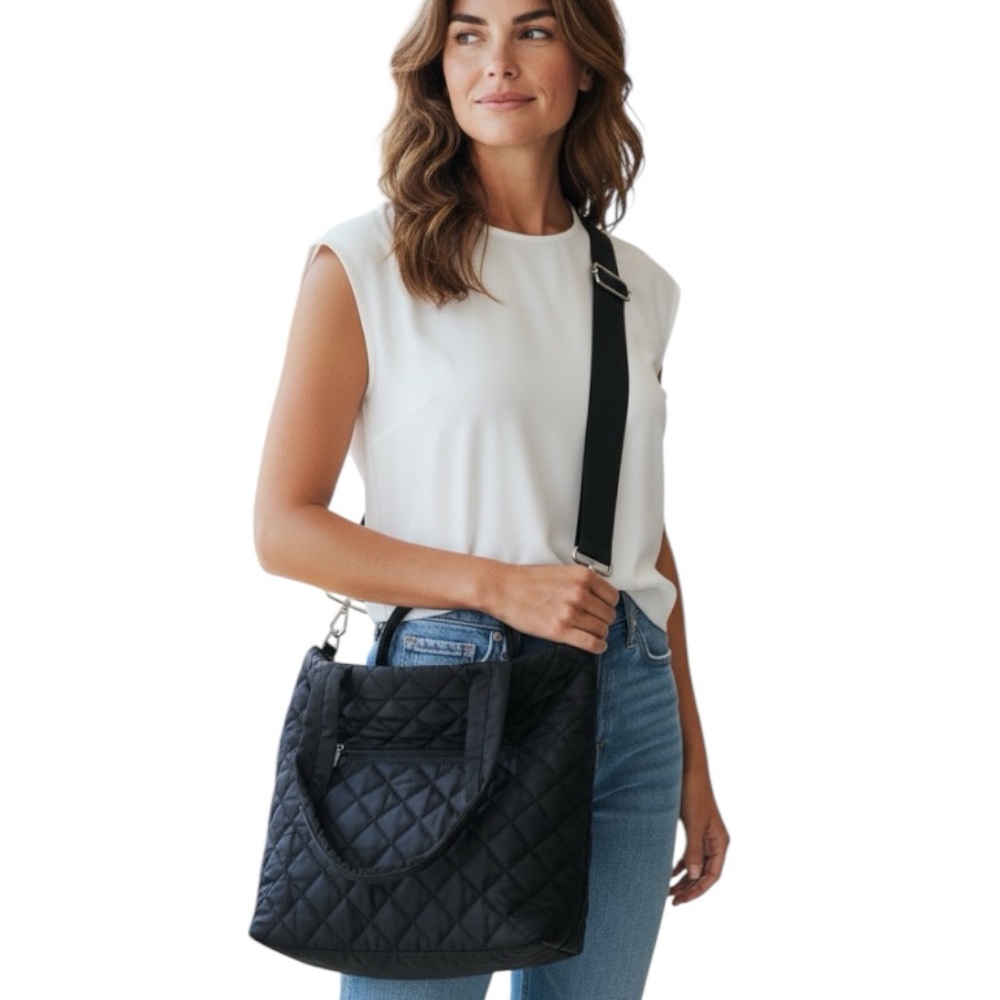 Ahdorned Quilted Nylon Tote with Crossbody Strap in Black
